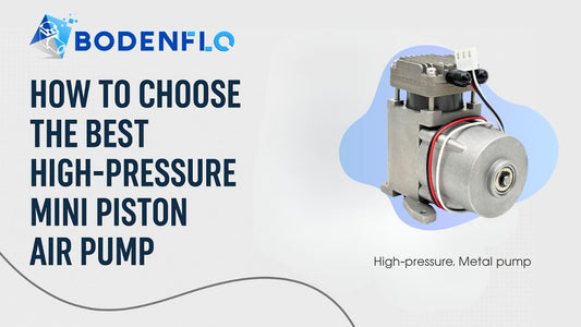 High-pressure mini piston air pump with BODENFLO branding and selection guide title overlay