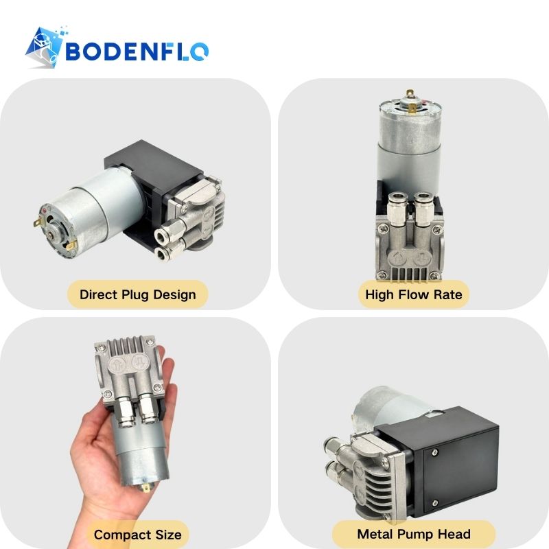 Key features of the 12V piston compressor: plug-in design, high flow, compact size, metal pump head.
