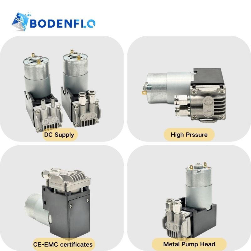 Key features of the 12V vacuum pump: plug-in design, high flow, compact size, metal pump head.