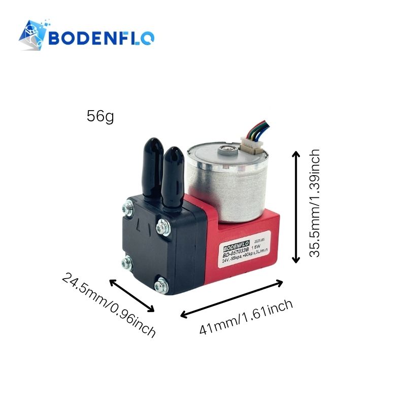 Size diagram of BD-05T033B 24V micro diaphragm pump showing 35.5x24.5x41mm compact body
