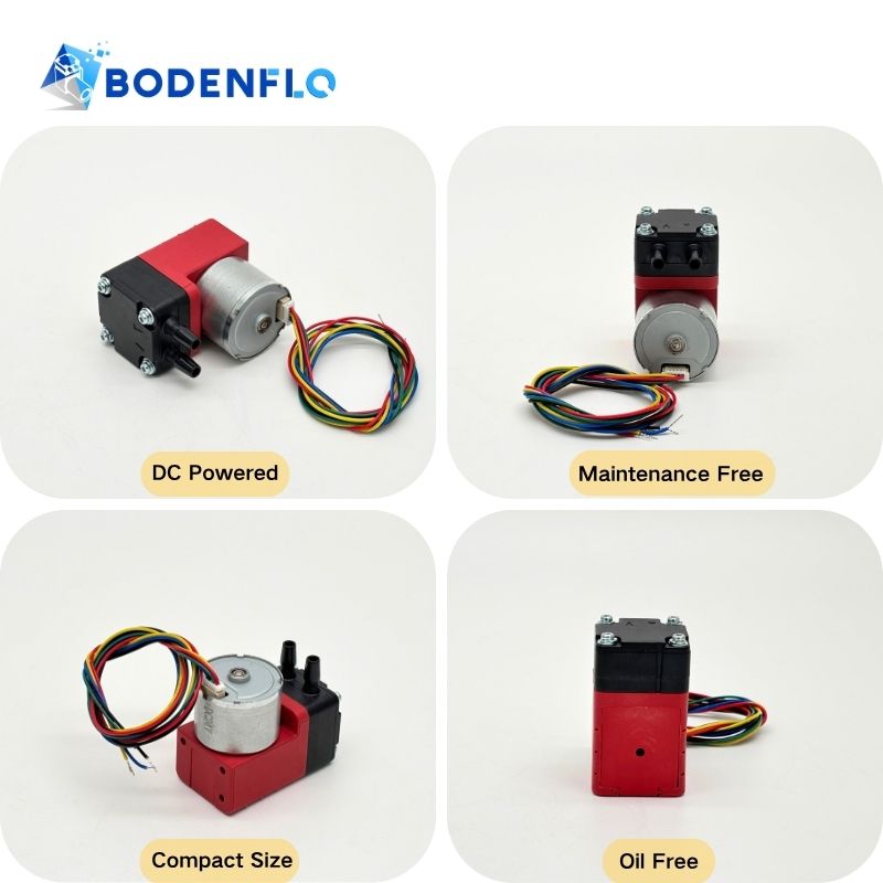 BD-05T033B vacuum pump features: DC powered, compact size, oil-free, maintenance-free diaphragm design for continuous operation