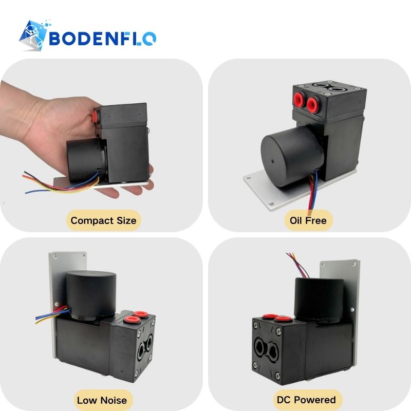 BD-05T067L pump features highlighted: Compact Size, Low Noise, Oil-Free Operation, and DC Power – ideal for portable gas analysis equipment