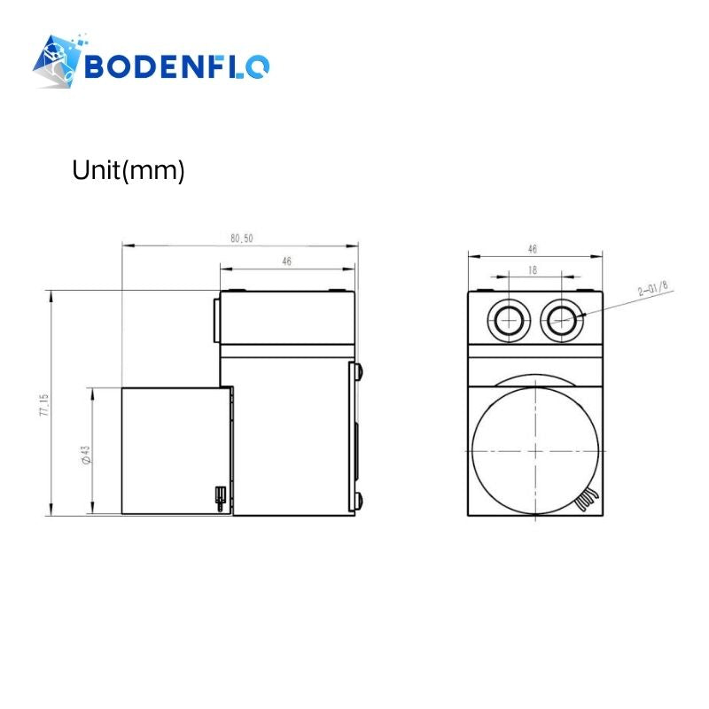Technical drawing of BD-05T067L micro diaphragm vacuum pump showing detailed dimensions for system integration