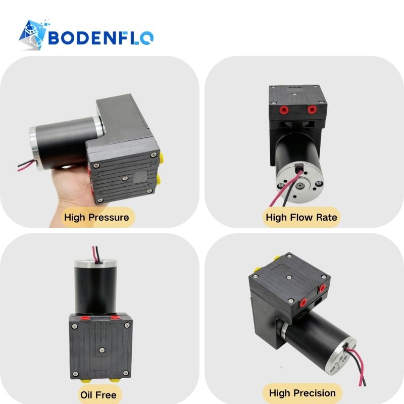 Detailed view of BD-05T1040L 12V vacuum pump, highlighting features: Oil-Free, High Flow Rate, High Pressure, High Precision.