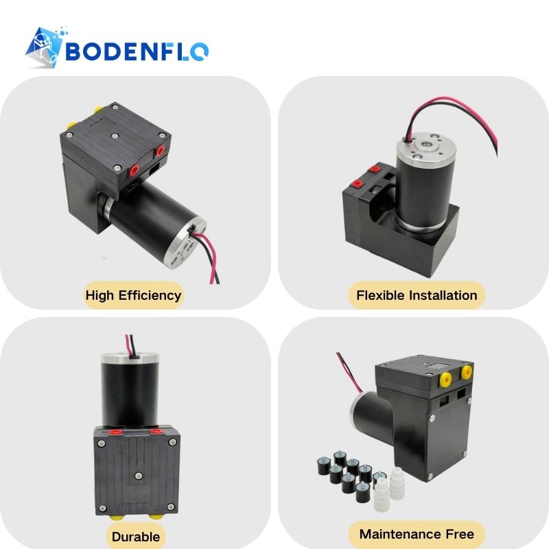 Multi-angle views of BD-05T1040L 24V vacuum pump showcasing key features: oil-free, high flow rate, high pressure, and high precision.