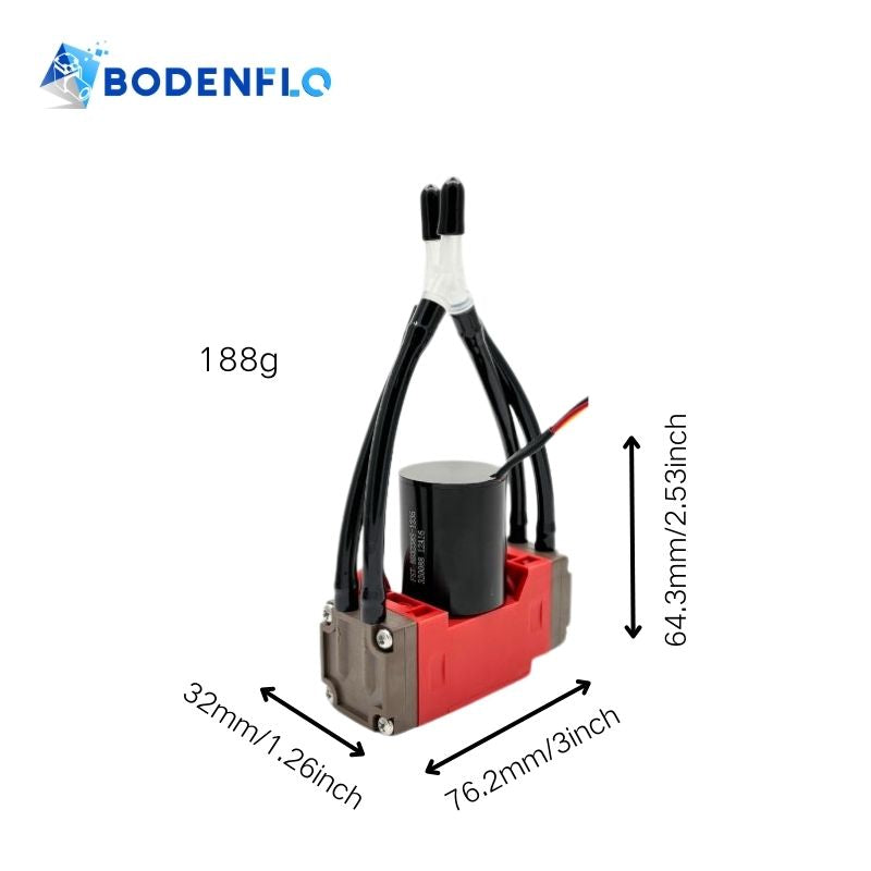 Dimensions and weight of BD-05TVB 24V vacuum pump: 76.2x64.3x32mm, 188g lightweight and compact design.