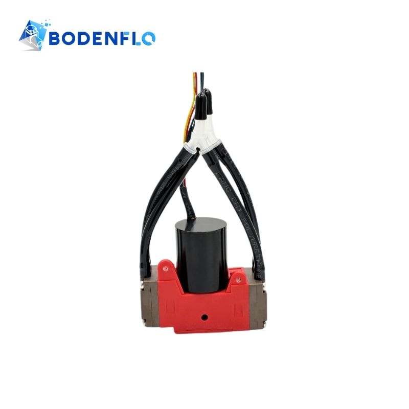 Side and angled view of BD-05TVB micro vacuum pump showing brushless dual-head diaphragm design.