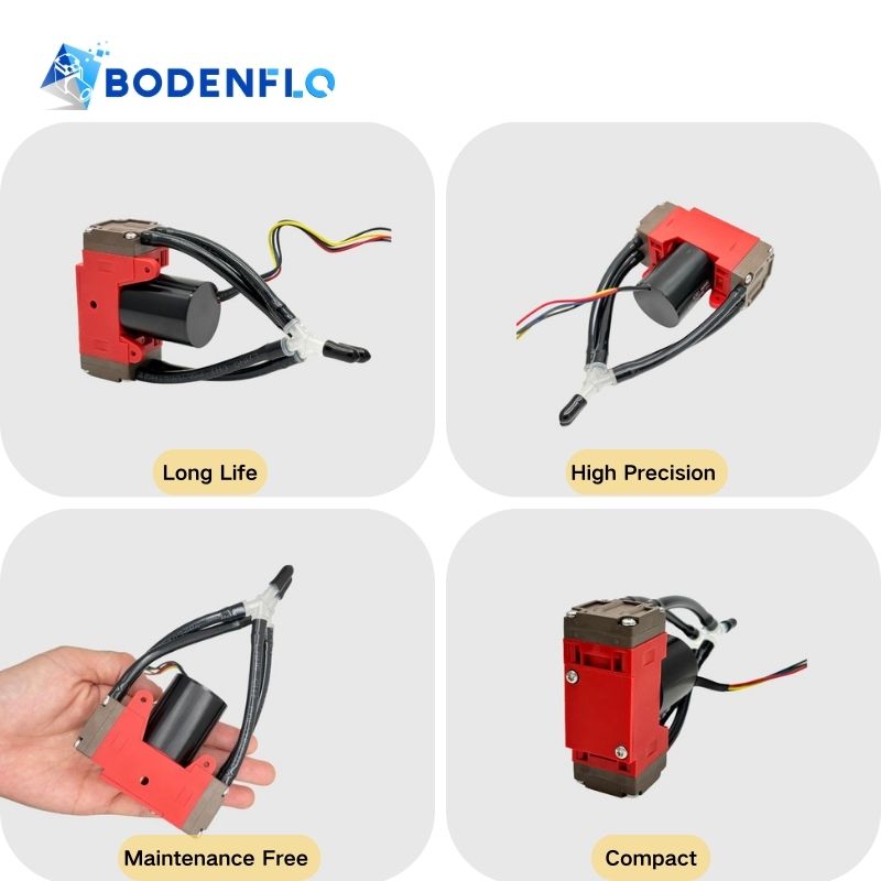 Multi-angle view of BD-05TVB vacuum pump featuring Long Life, Maintenance Free, High Precision, and Compact size.