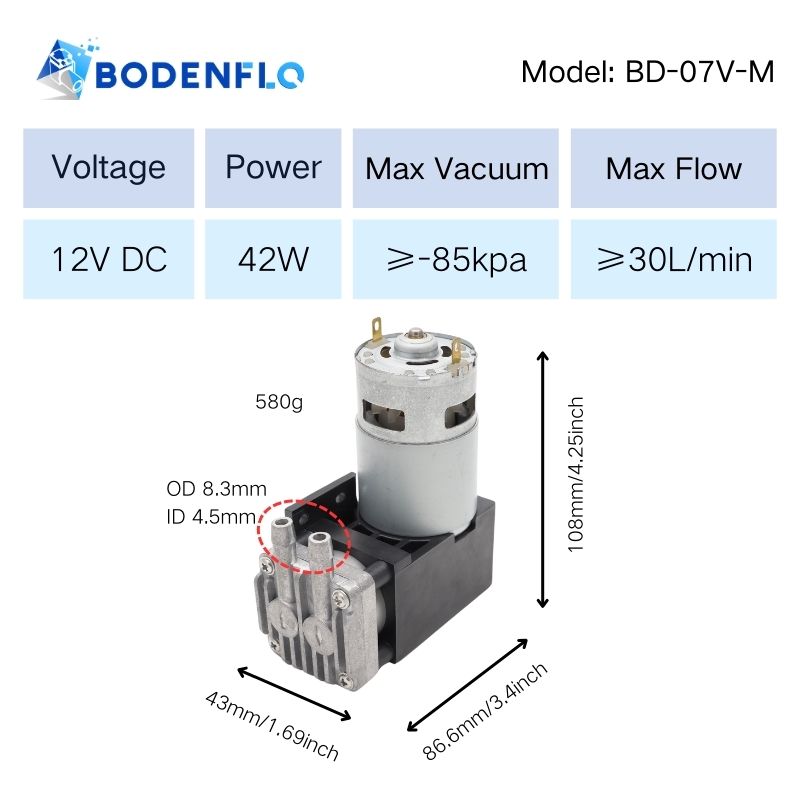 12V Mini Vacuum Piston Pump -85KPA 30L/Min BD-07V-M for Vacuum Pick and Place Robots