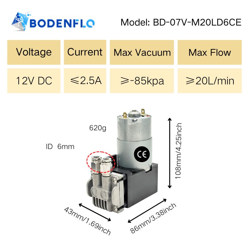 BD-07v-m 12V vacuum pump specifications: 12V, 2.5A, -85kPa, 25L/min, 108x43x86mm, 620g.