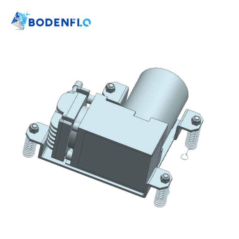 BODENFLO BD-07 series air pump installed on BD-M1 spring anti-vibration mount showing vibration isolation support for OEM pneumatic equipment
