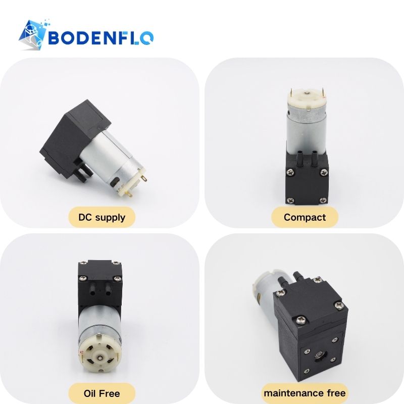 BD-03A series Micro Air Pump highlighting advantages: DC powered, compact design, oil-free, maintenance-free
