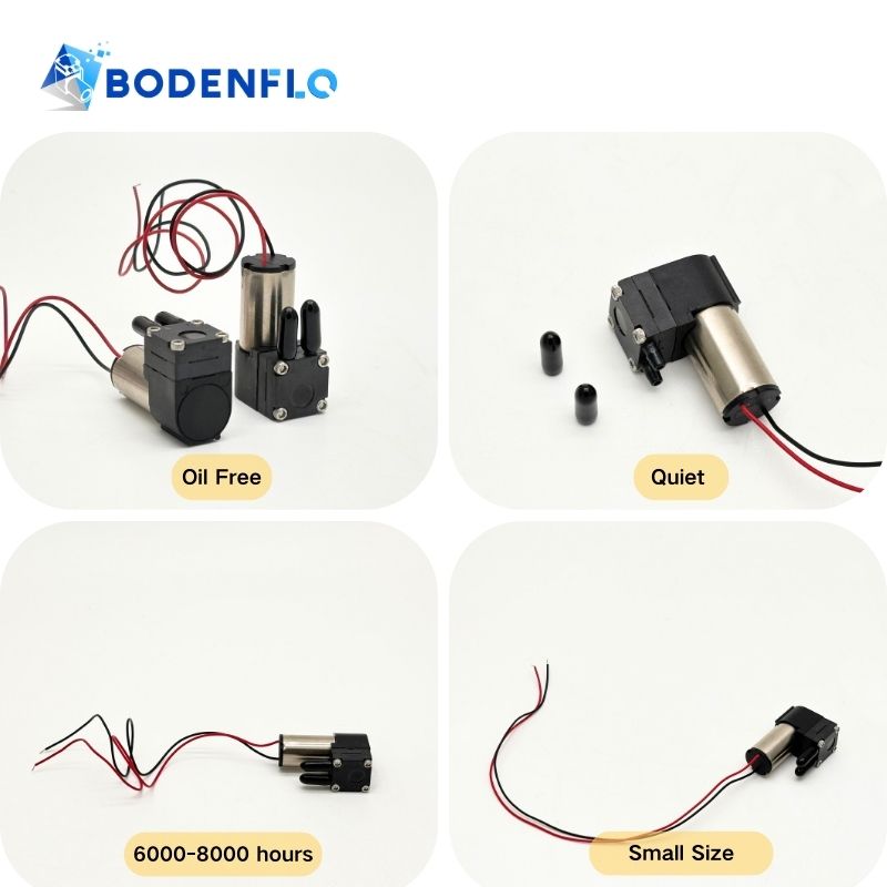 BD-05T01530 mini diaphragm vacuum pump multi-angle view – oil-free, quiet, 6000-8000 hours lifespan, small size