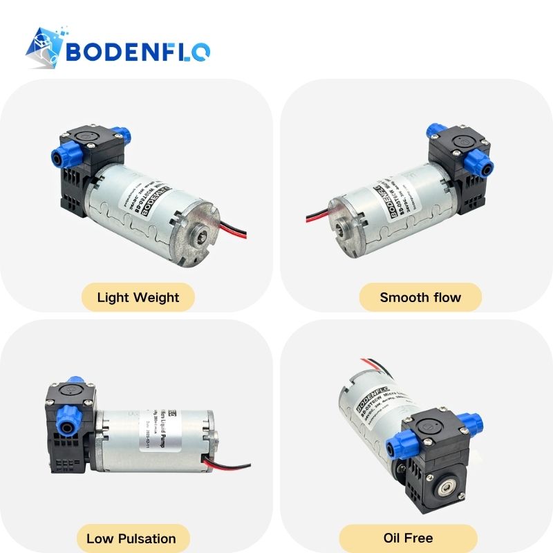 BD-05T60W diaphragm liquid pump multi-angle view showing oil-free operation, easy integration, lightweight, and low pulsation design