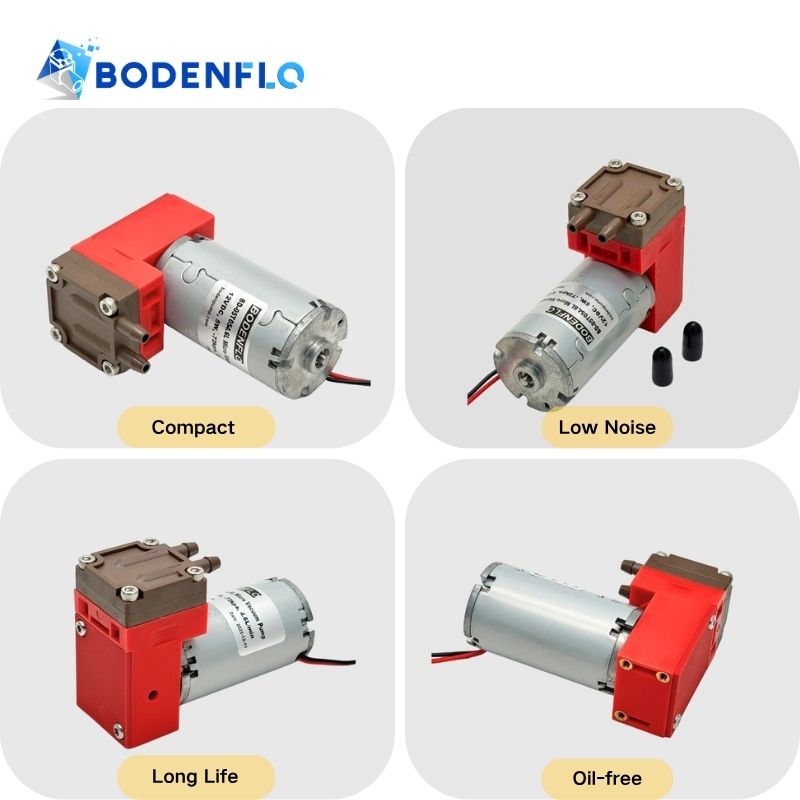 Miniature diaphragm vacuum pump BD-05T054.6L showing features: maintenance free, lightweight, low power, oil-free for laboratory and gas sampling equipment