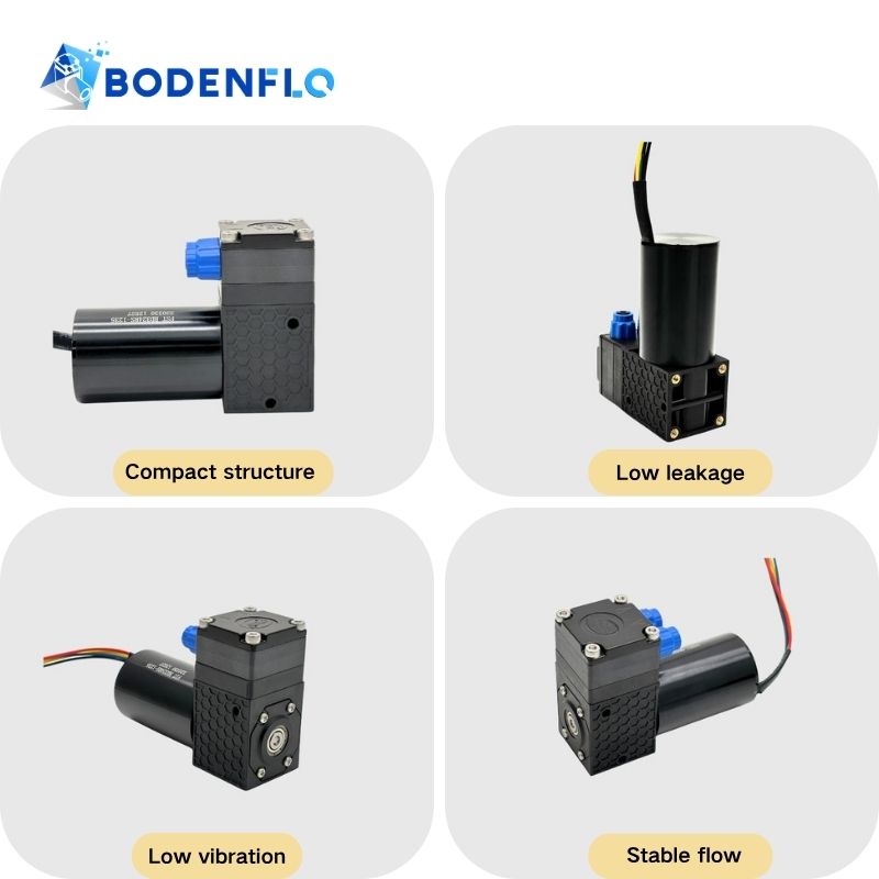 Liquid micro pump BD-05TF300WB detail image showing oil free easy integration light weight and low pulsation features