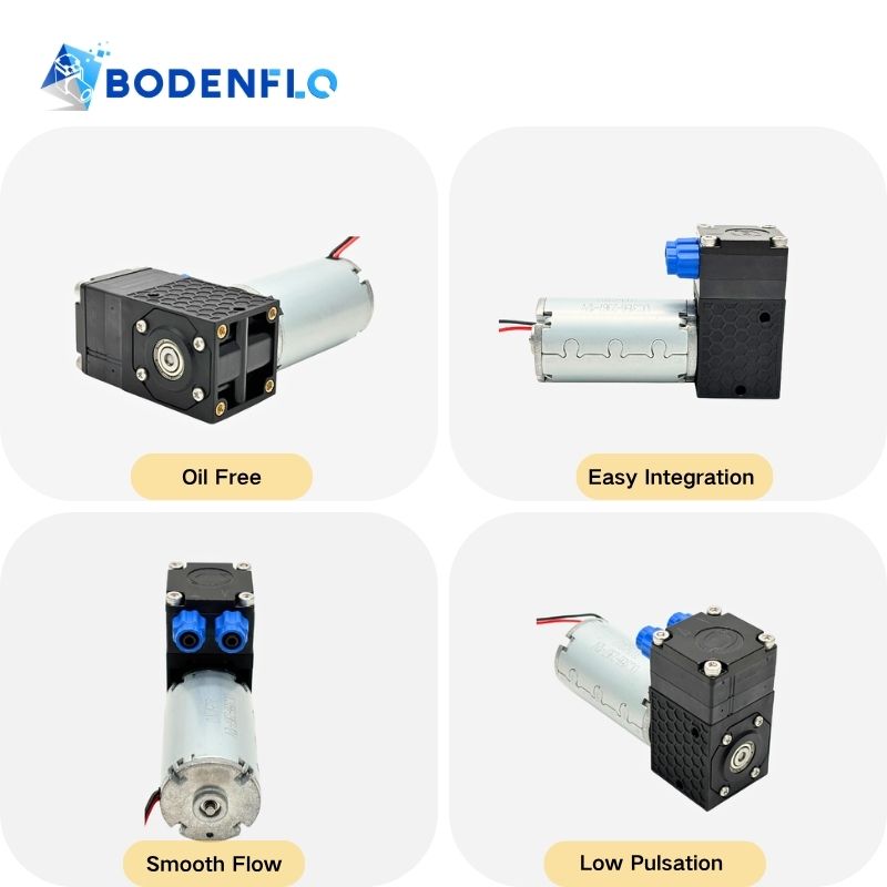 BD-05TFD300W micro diaphragm water pump detail view showing oil free design easy integration smooth flow and low pulsation features