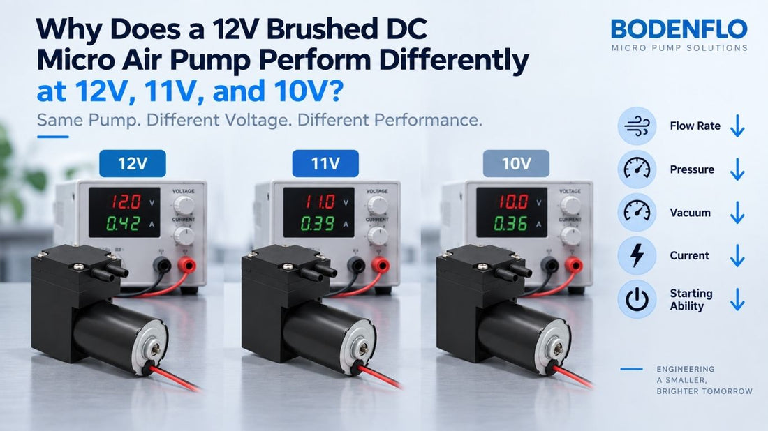 12V brushed DC micro air pump performance comparison at 12V, 11V, and 10V showing changes in flow, pressure, vacuum, current, and starting ability