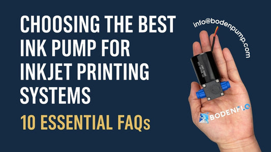 A hand holding a compact ink pump with blue connectors, alongside the text “Choosing the Best Ink Pump for Inkjet Printing Systems – 10 Essential FAQs” and the Bodenflo logo.