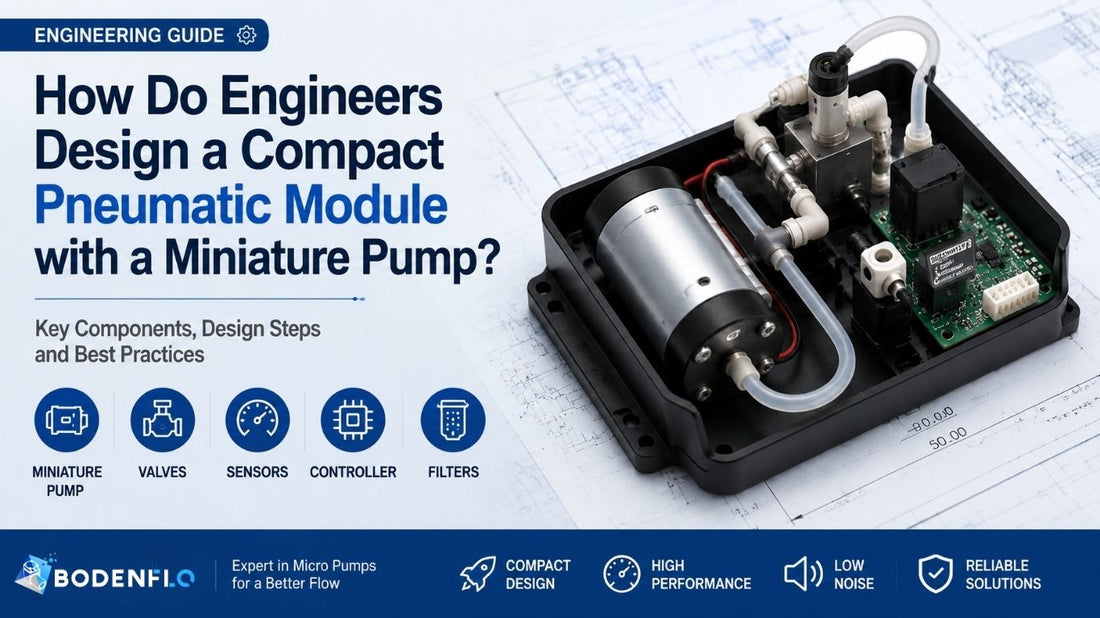 Compact pneumatic module design with a miniature pump, valves, sensors, controller, and filter for pneumatic system integration.