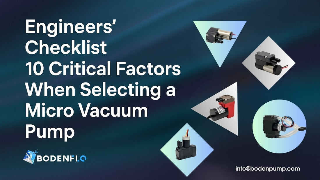 Cover image showing BODENFLO’s engineering guide on 10 critical factors for selecting a micro vacuum pump, featuring several compact diaphragm vacuum pump models.
