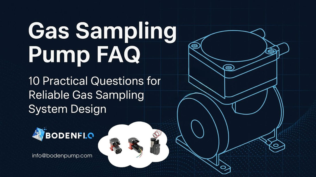 Gas sampling pump FAQ cover image with BODENFLO micro diaphragm pumps and technical system illustration.