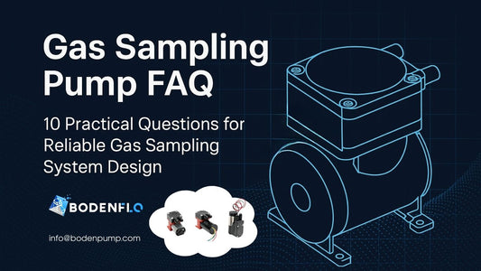 Gas sampling pump FAQ cover image with BODENFLO micro diaphragm pumps and technical system illustration.