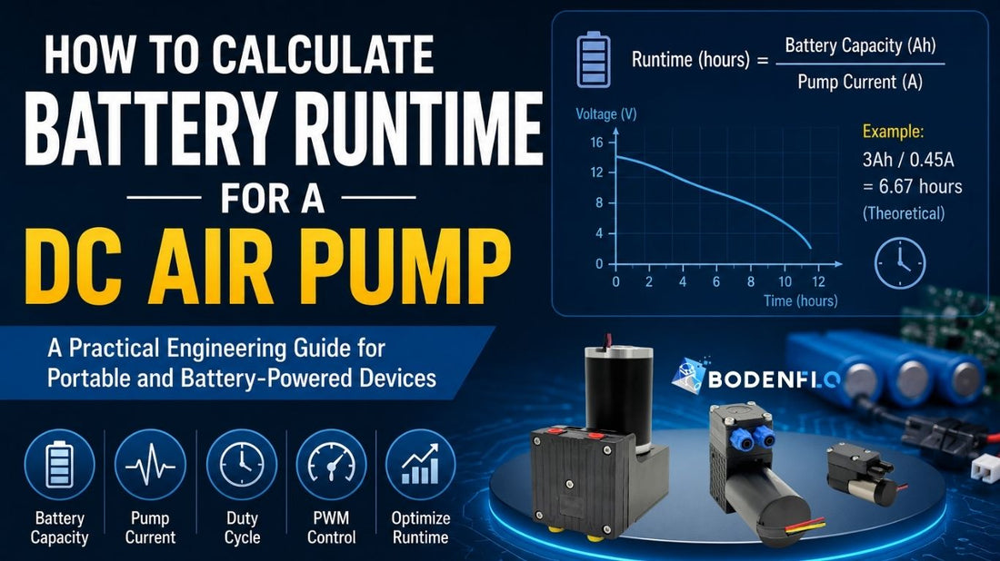 How to calculate battery runtime for a DC air pump using battery capacity, pump current, and duty cycle with engineering design illustrations.