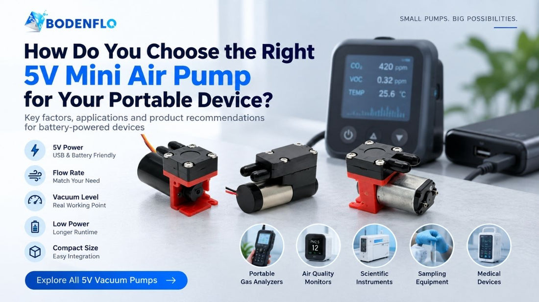 5V mini air pump selection guide for portable devices featuring BODENFLO vacuum pumps, gas analyzers, and air quality monitors