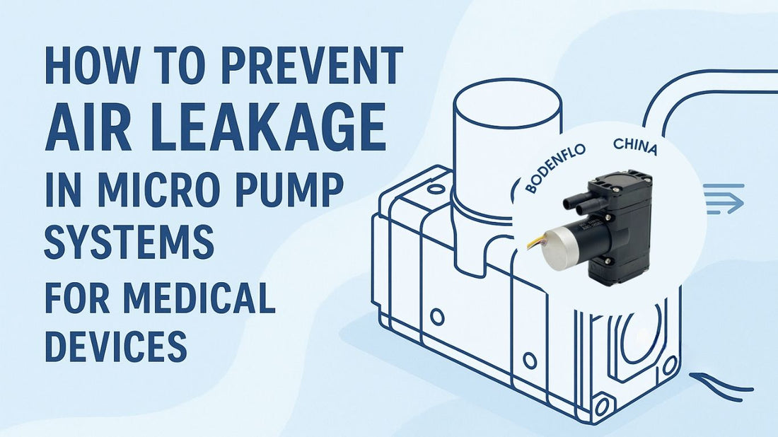 Cover image showing a micro diaphragm pump with the title "How to Prevent Air Leakage in Micro Pump Systems for Medical Devices – 10 Practical FAQs" on a light blue medical-themed background.