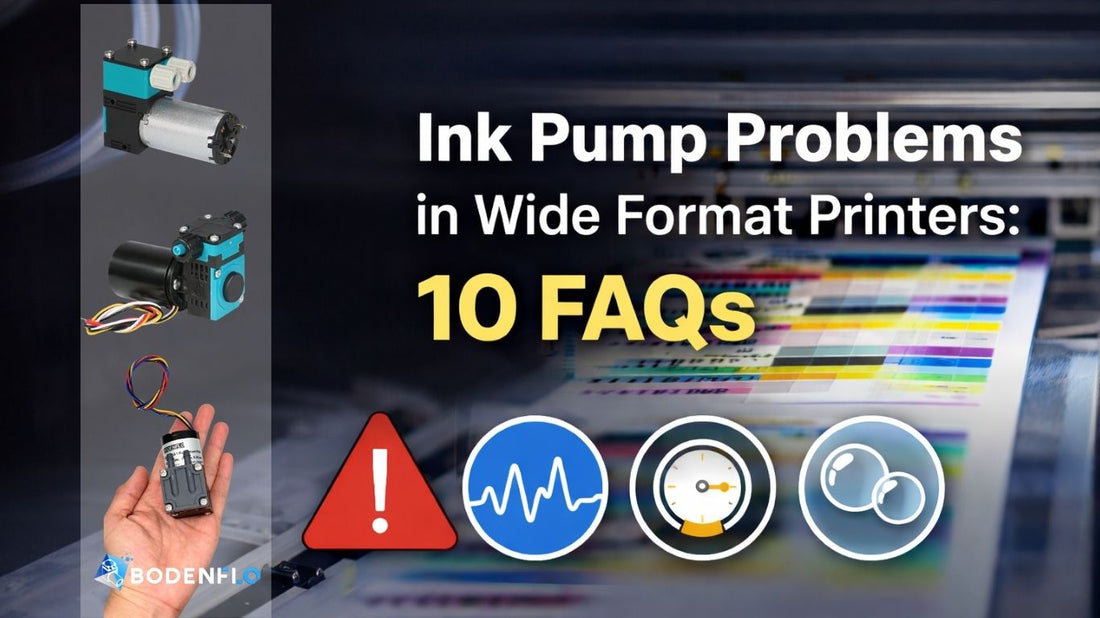 Cover image for an article about ink pump problems in wide format printers, showing a printer test chart, three pump product photos on the left, and icons representing warning, flow instability, pressure, and air bubbles.