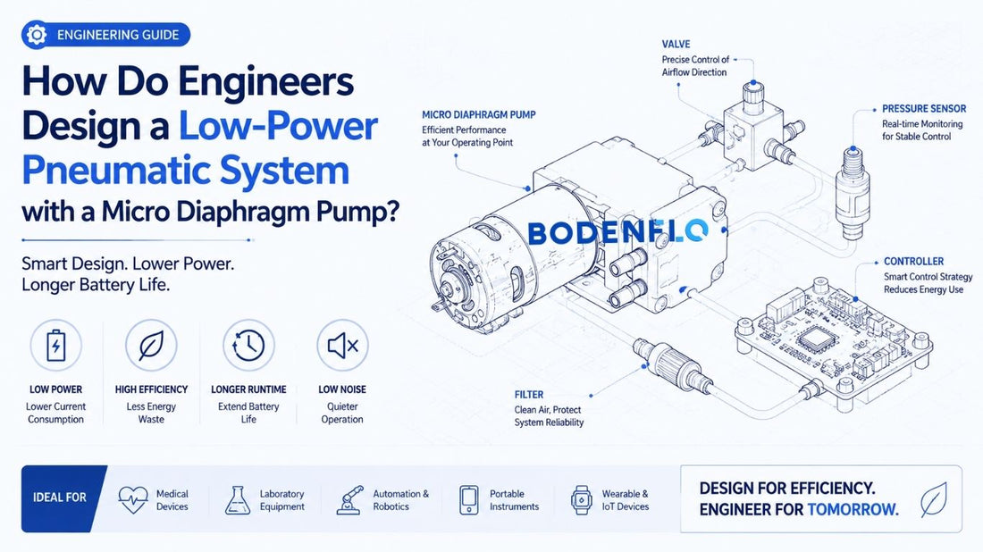 Low-power pneumatic system design with a micro diaphragm pump, valve, pressure sensor, controller, and filter integration.
