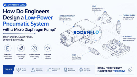 Low-power pneumatic system design with a micro diaphragm pump, valve, pressure sensor, controller, and filter integration.