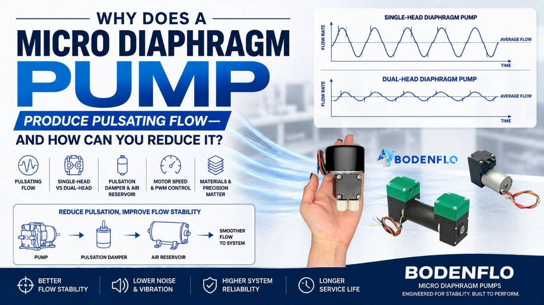Micro diaphragm pump pulsating flow comparison showing single-head vs dual-head pumps and methods to improve flow stability