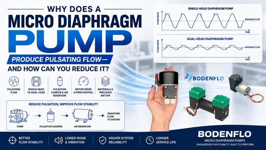 Micro diaphragm pump pulsating flow comparison showing single-head vs dual-head pumps and methods to improve flow stability