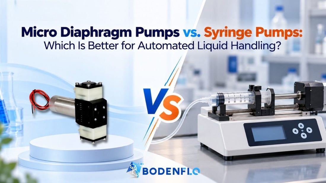 Micro diaphragm pump vs syringe pump comparison for automated liquid handling, showing BODENFLO liquid pump and laboratory syringe pump.