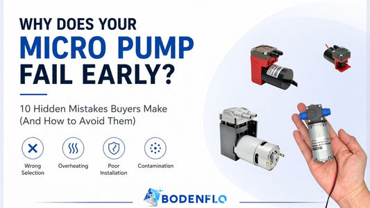 Micro pump failure guide cover showing 10 hidden buyer mistakes including wrong selection, overheating, poor installation, and contamination.