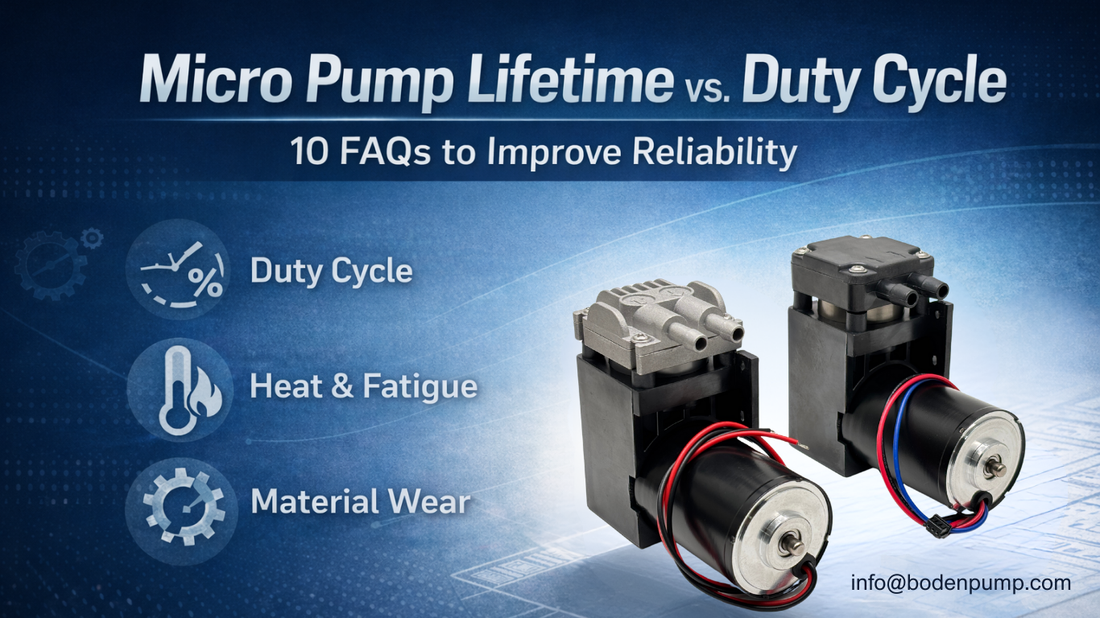Micro pump lifetime versus duty cycle cover image showing two BODENFLO micro diaphragm pumps with reliability topics including duty cycle, heat fatigue, and material wear.