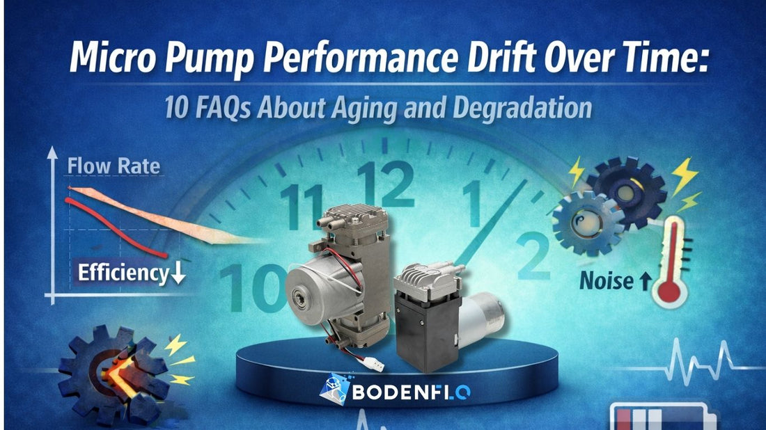 Micro pump performance drift over time showing flow rate reduction, efficiency loss, and noise increase due to aging and mechanical wear.