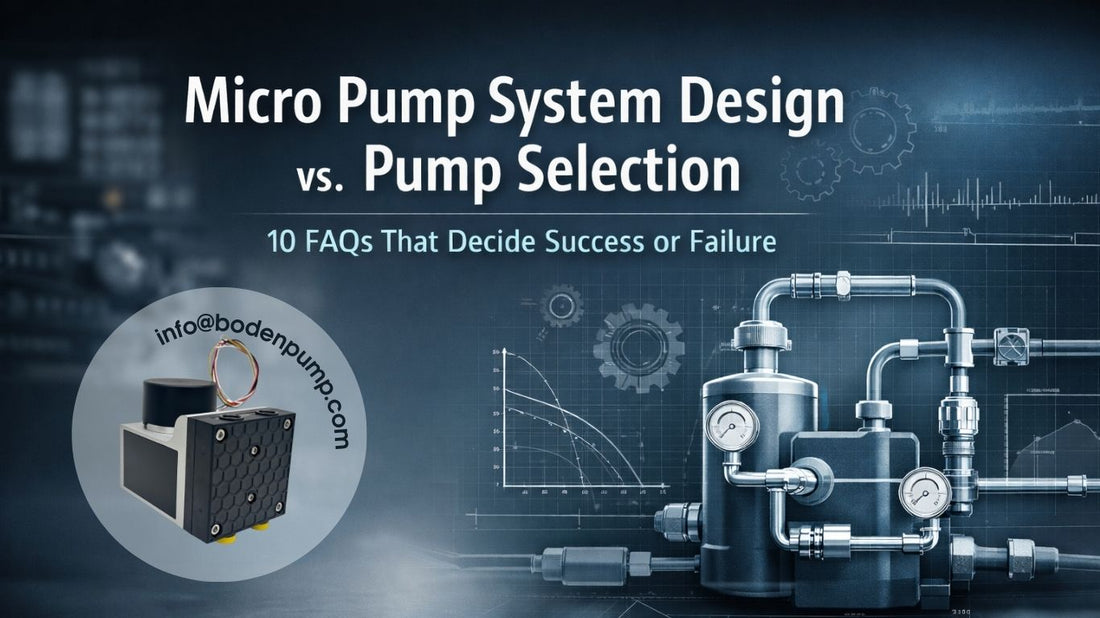 Illustration comparing micro pump system design and pump selection, showing a diaphragm micro pump, piping layout, pressure gauges, and performance curves used by OEM engineers to evaluate system-level pump performance.  