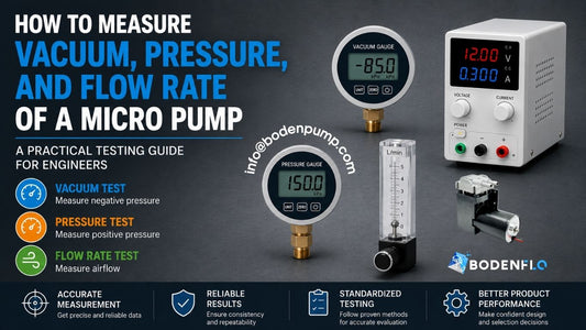 Micro pump testing guide showing vacuum gauge, pressure gauge, flow meter, and DC power supply for measuring vacuum, pressure, and flow rate.