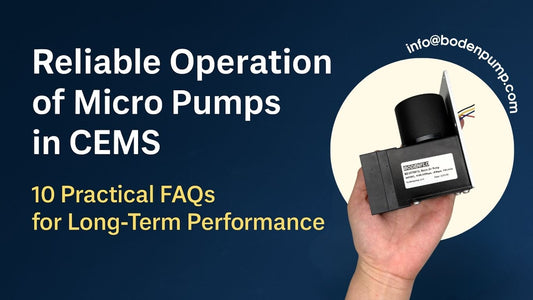 Cover image showing a micro diaphragm pump with the title "Reliable Operation of Micro Pumps in CEMS – 10 Practical FAQs for Long-Term Performance" on a dark blue textured background.
