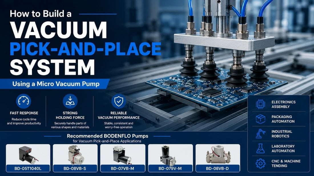 Cover image for an engineering guide on building a vacuum pick-and-place system with a micro vacuum pump, featuring a robotic vacuum gripper and recommended BODENFLO vacuum pumps.