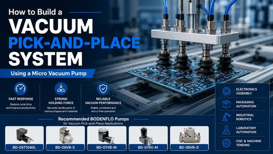 Cover image for an engineering guide on building a vacuum pick-and-place system with a micro vacuum pump, featuring a robotic vacuum gripper and recommended BODENFLO vacuum pumps.
