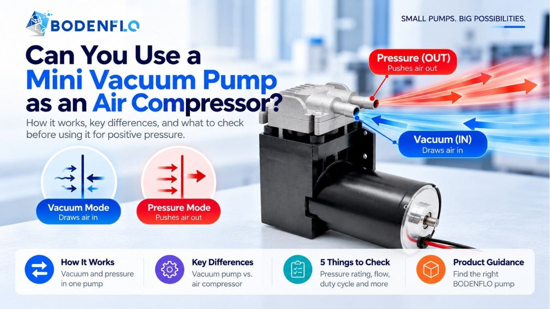 Mini vacuum pump used for vacuum and positive pressure showing air inlet and outlet flow directions