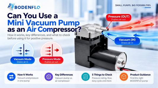 Mini vacuum pump used for vacuum and positive pressure showing air inlet and outlet flow directions