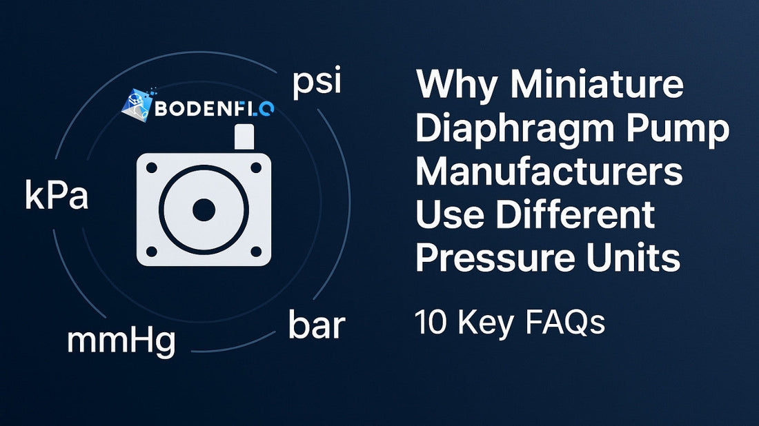 Minimalist infographic showing a diaphragm pump icon with surrounding pressure units (psi, kPa, mmHg, bar) and the title “Why Miniature Diaphragm Pump Manufacturers Use Different Pressure Units” on a dark blue background.