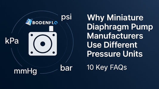 Minimalist infographic showing a diaphragm pump icon with surrounding pressure units (psi, kPa, mmHg, bar) and the title “Why Miniature Diaphragm Pump Manufacturers Use Different Pressure Units” on a dark blue background.