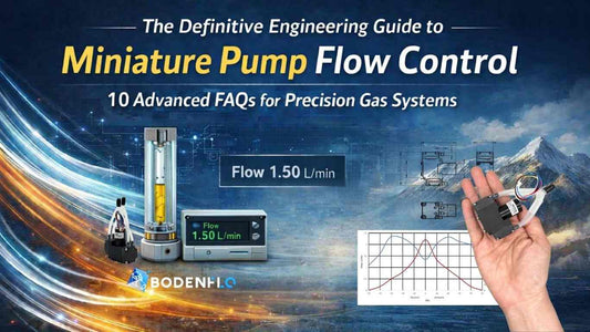 Cover image for a miniature pump flow control engineering guide, showing a rotameter, electronic flow meter, compact micro pump, performance curve chart, and a hand holding a miniature pump against a technical blue background.