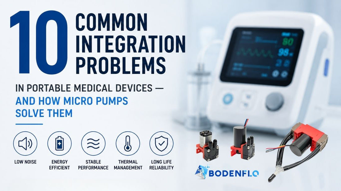 Portable medical device integration infographic showing common engineering challenges solved by low-noise and energy-efficient micro pumps
